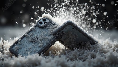 Mobile phones covered in ice and snow