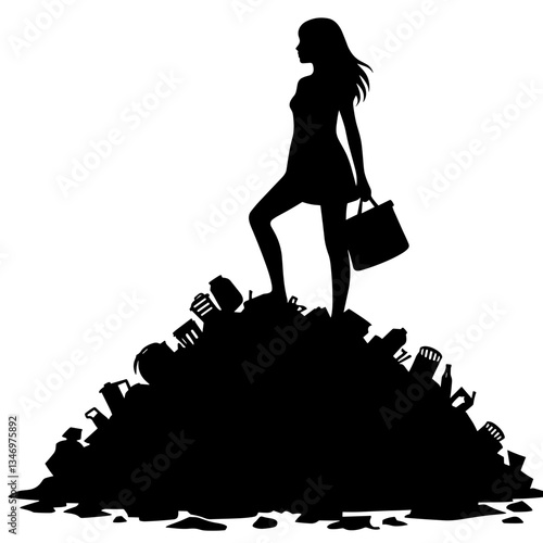 Woman standing on garbage pile silhouette as overconsumption symbol