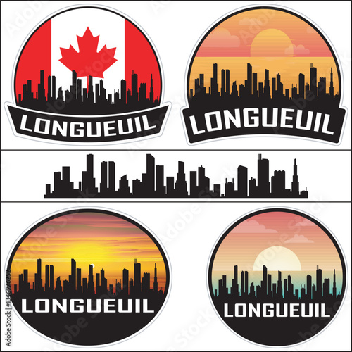 Longueuil Canada Flag Skyline Cityscape Silhouette Travel Souvenir Sticker Isolated Vector
