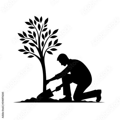 Man planting tree silhouette as reforestation action