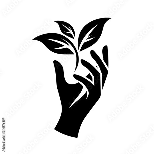 Hand holding sprout silhouette as symbol of care for nature