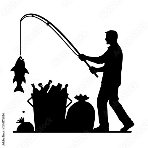 Man fishing among trash silhouette as symbol of ocean pollution