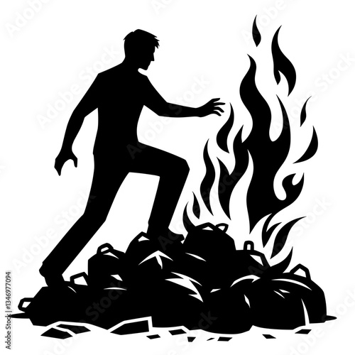 Man burning trash silhouette as symbol of pollution harm