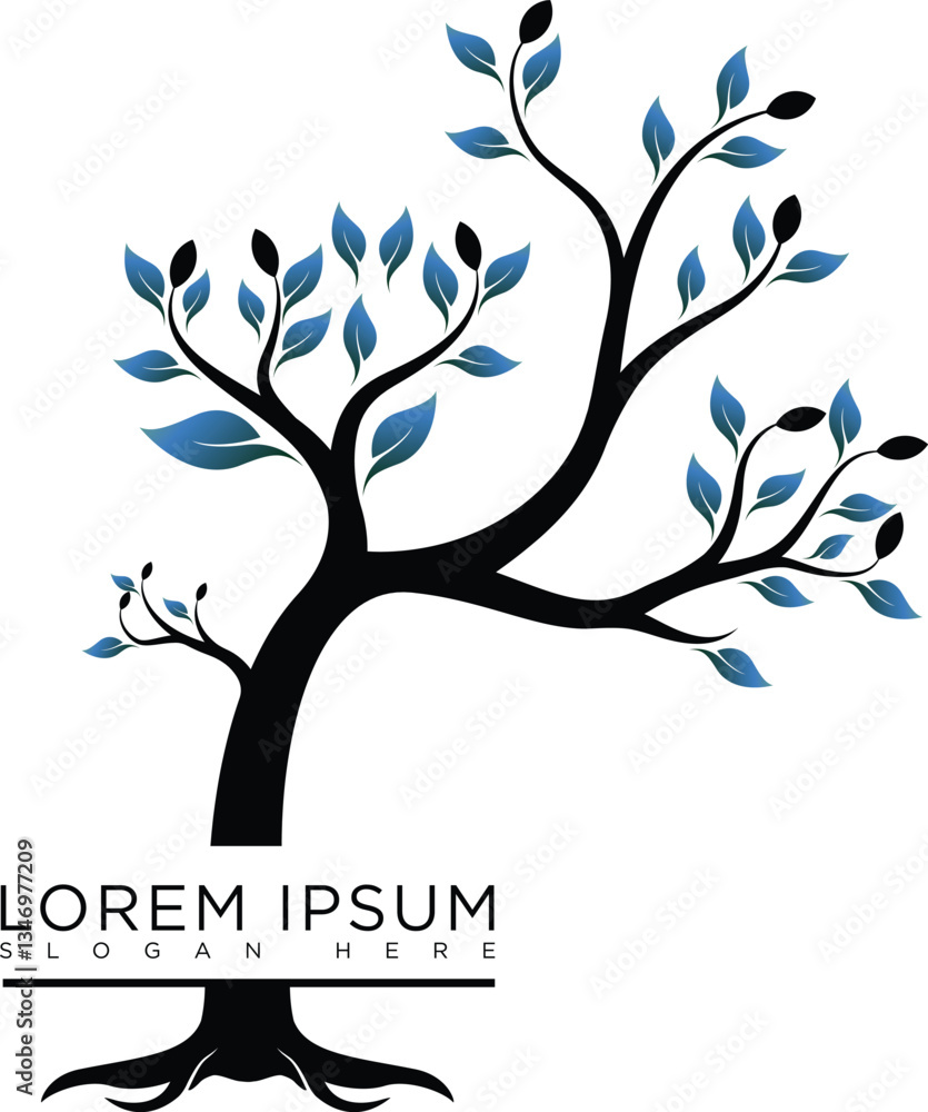 Obraz premium Abstract vibrant tree logo design, root vector - Tree of life logo design inspiration isolated on white background. 