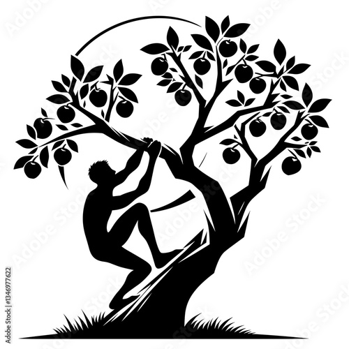 Man picking fruit from tree silhouette symbolizing sustainable harvest