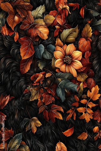 Dark Moody Autumnal Floral Arrangement with Orange Flowers and Red Brown Leaves