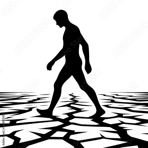 Man walking on cracked earth silhouette symbolizing climate crisis