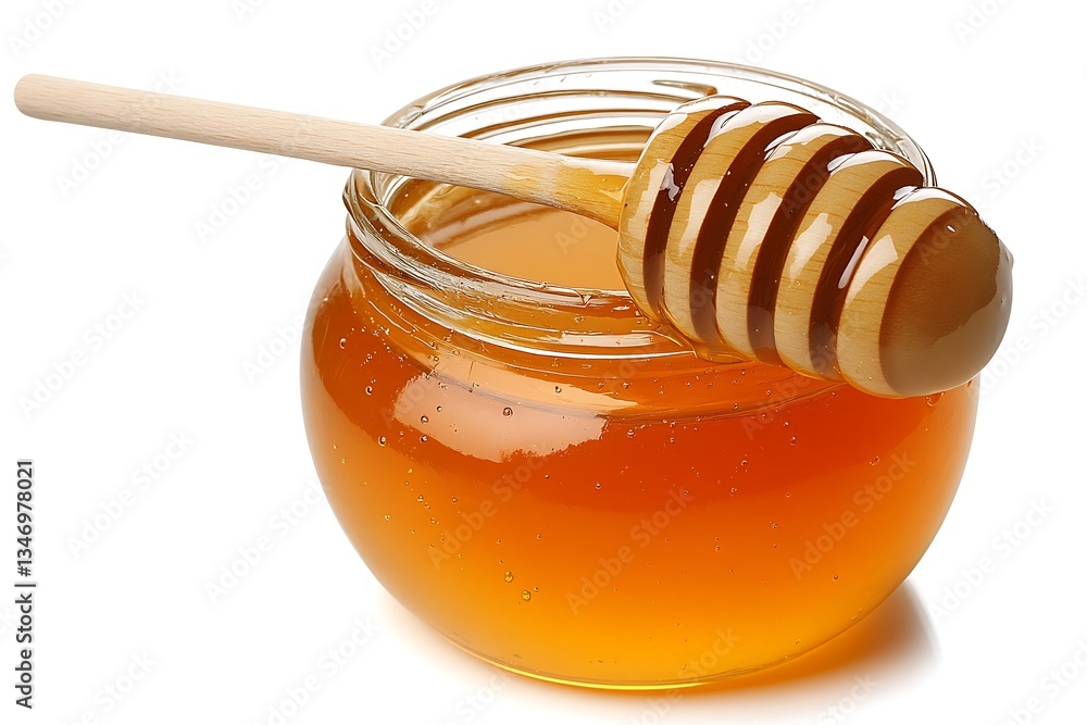 Honey jar with dipper, isolated on white background Honey jar with dipper, isolated on white background