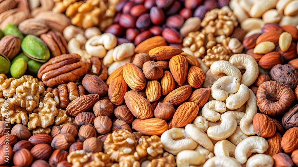 Assorted Mixed Nuts Including Almonds, Cashews, Walnuts, and Pecans on a Wooden Surface Assorted Mixed Nuts Including Almonds, Cashews, Walnuts, and Pecans on a Wooden Surface