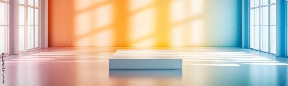 A glass-like podium refracting rainbow light, set in a futuristic exhibition hall.