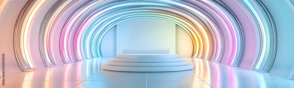 A glass-like podium refracting rainbow light, set in a futuristic exhibition hall.