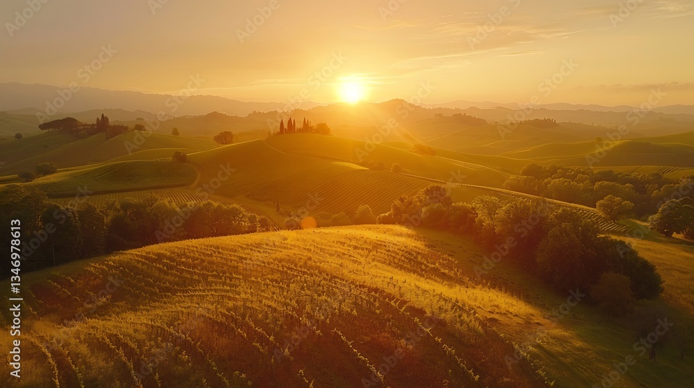 Fototapeta premium Scenic vineyard landscape sunrise rolling hills and open sky for text placement