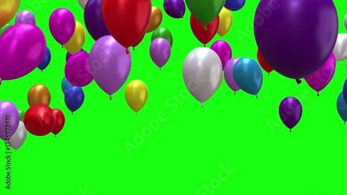 Multi colored helium Balloon,flying from bottom to Top ,4K video Element , Green Screen background