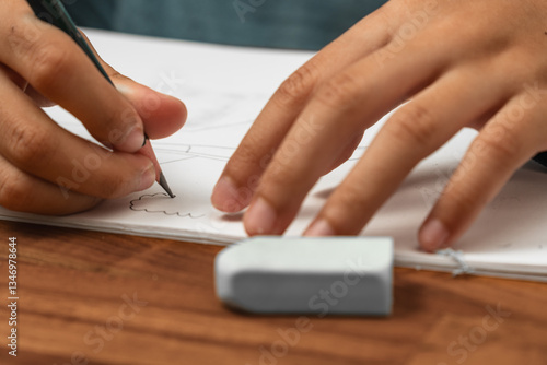 child is using a pencil to draw in their sketchbook