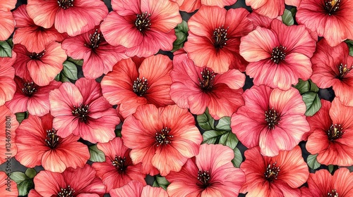 Watercolor Red Flowers Dark Background Seamless Pattern
