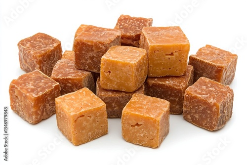 Pile of Brown Sugar Cubes on White Background