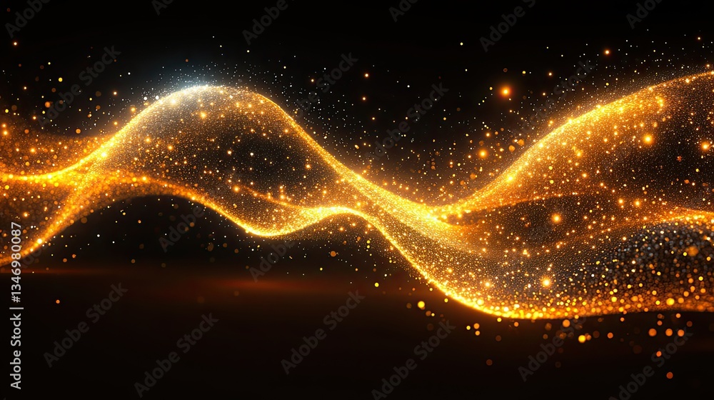 Obraz premium Golden light wave, particles, dark background, abstract design