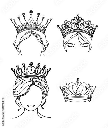 vector set of continous line drawing - queen's tiara (artwork 1)