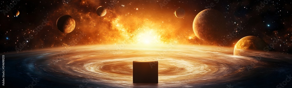 A podium inside a swirling cosmic vortex, with distant planets in view.