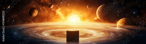Obraz na płótnie A podium inside a swirling cosmic vortex, with distant planets in view. w salonie