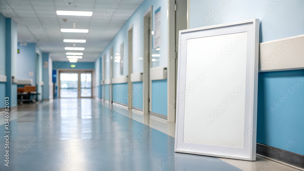 Blank Frame in Hospital: A white picture frame leaning against a blue wall in a hospital hallway, offering a space for personalized content. Blank Frame in Hospital: A white picture frame leaning against a blue wall in a hospital hallway, offering a space for personalized content.