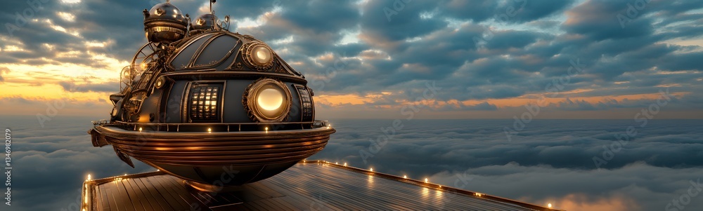 A podium resting on the deck of a floating steampunk airship.