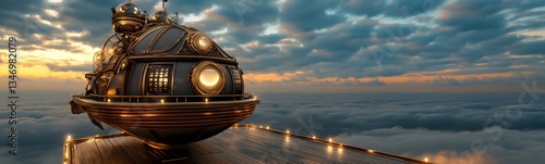 Obraz na płótnie A podium resting on the deck of a floating steampunk airship. w salonie