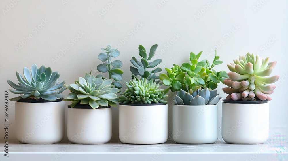 Obraz premium Six Succulents in White Pots Minimalist Home Decor Arrangement