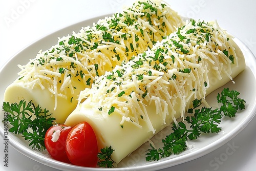 Three Creamy Cheese Rolls Garnished with Grated Cheese and Parsley on a White Plate