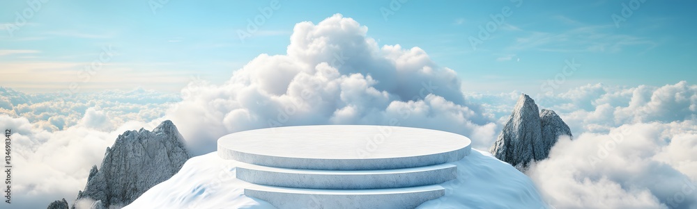 A podium at the peak of a mountain, surrounded by snowy cliffs and clouds.