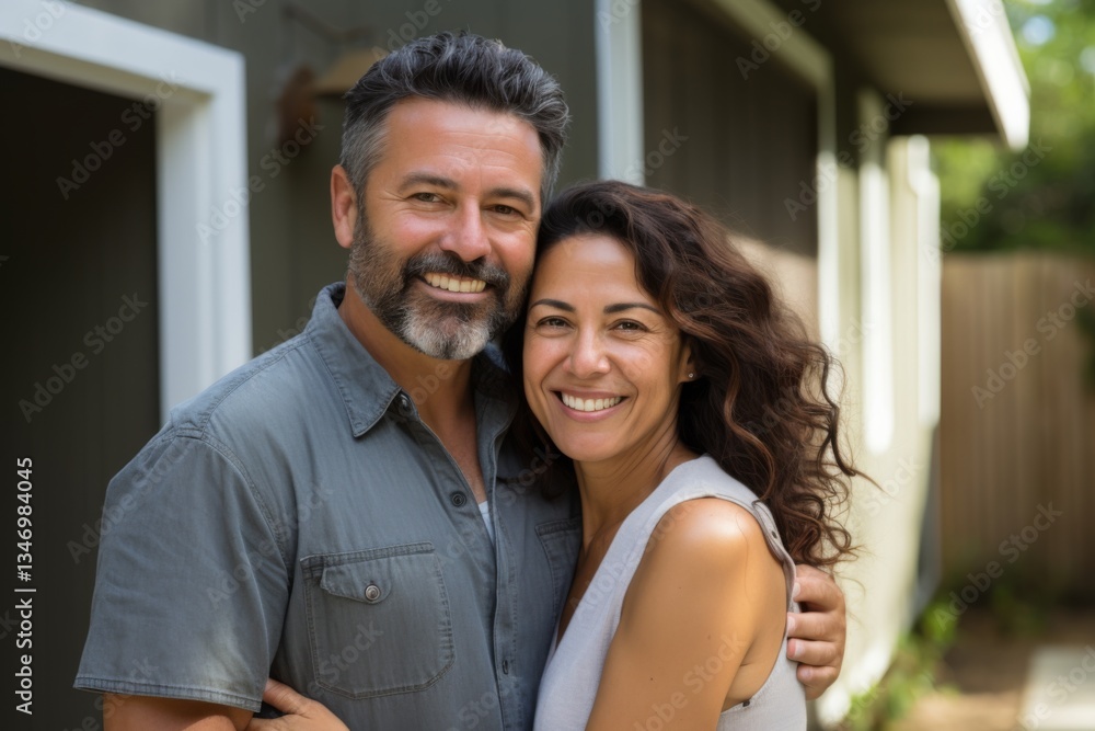 Portrait of a smiling middle age Hispanic couple in empty home after moving in Portrait of a smiling middle age Hispanic couple in empty home after moving in