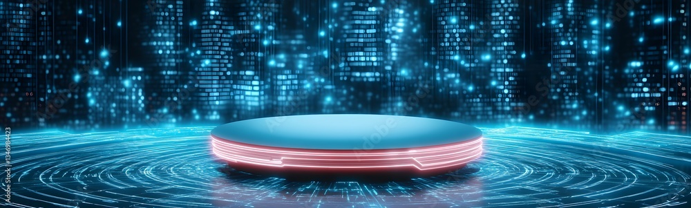 A neon-lit podium pulsing with energy, set in a futuristic digital cityscape.