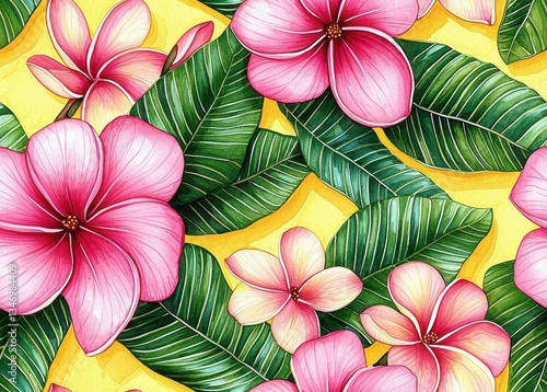 Vibrant Pink Plumeria and Lush Green Leaves Seamless Pattern on Yellow Background