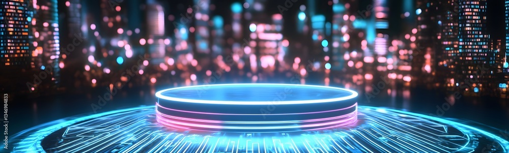 A neon-lit podium pulsing with energy, set in a futuristic digital cityscape.