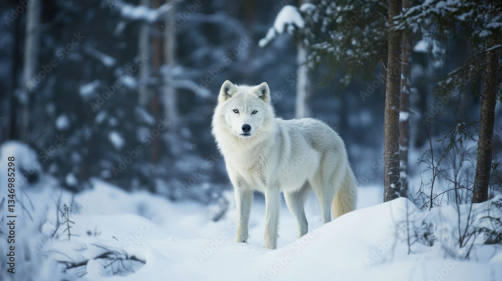 Naklejka premium A white wolf in snowy forest.