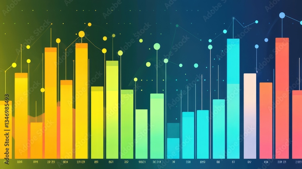 Colorful data visualization showing various bar graphs and line charts representing statistical trends and analysis Colorful data visualization showing various bar graphs and line charts representing statistical trends and analysis