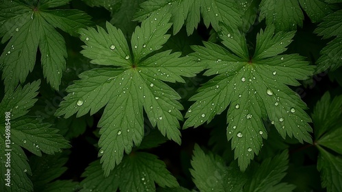 A close-up shot of fresh green leaves adorned with dewdrops, each droplet sparkling in the light, creating a serene and natural atmosphere. , Minimalism Clean and clear background color, high