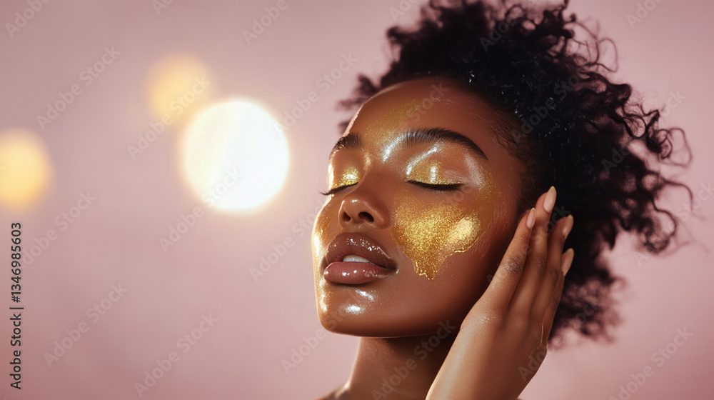 A model is applying a sparkling gold face mask while softly closing her eyes. The beauty studio features a warm, inviting glow with blurred lights in the background. A model is applying a sparkling gold face mask while softly closing her eyes. The beauty studio features a warm, inviting glow with blurred lights in the background.