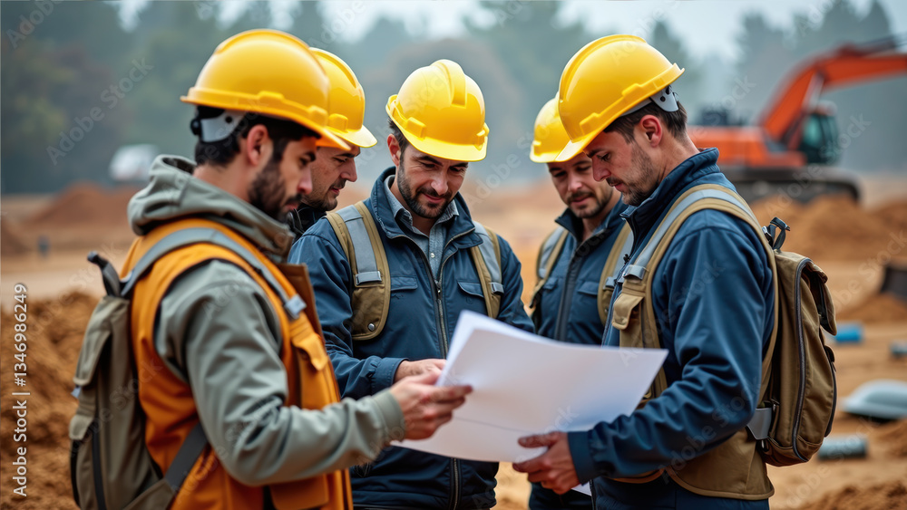 Construction workers discussing plans job site, wearing safety helmets and work attire, showcasing teamwork Construction workers discussing plans job site, wearing safety helmets and work attire, showcasing teamwork