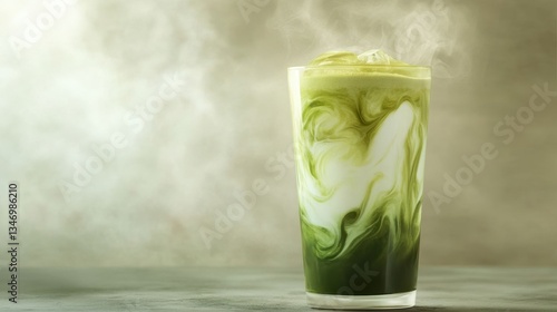 Iced matcha latte with steam.