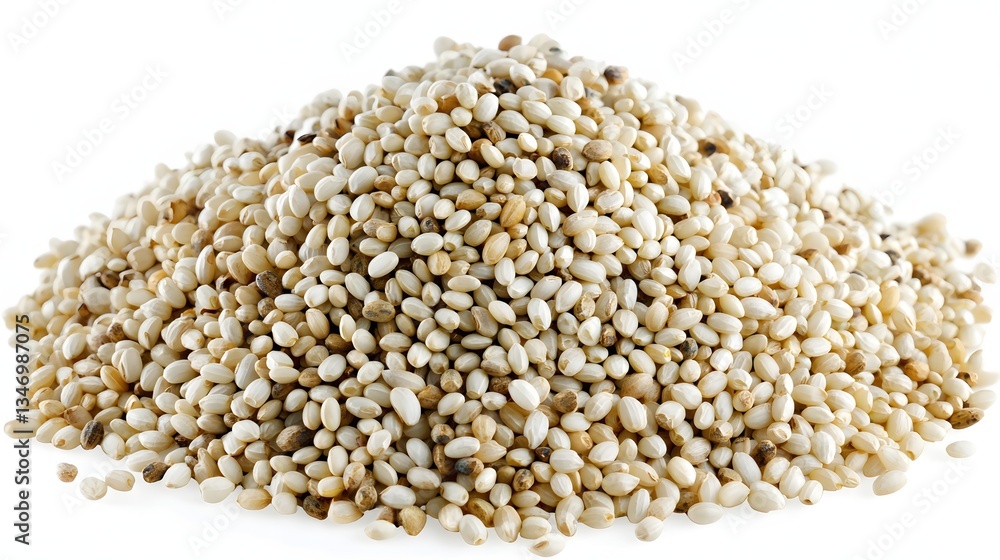 Closeup of Pile of Natural Grains on White Background Highlighting Textural Details