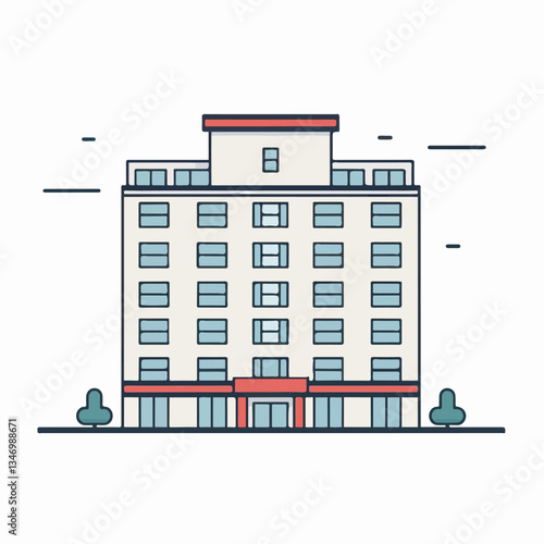 Front view illustration of a classic hotel building with multiple windows, representing tourism and accommodation services.