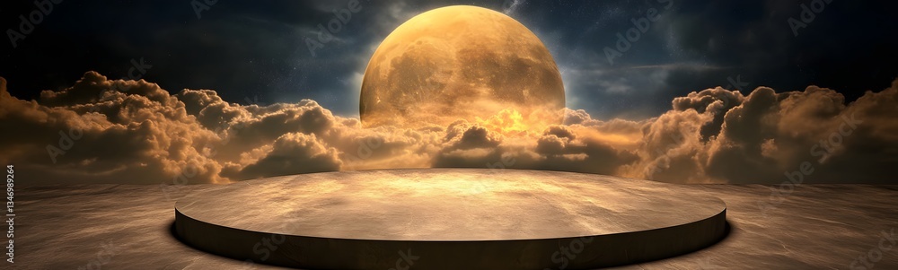 A portal-shaped podium, half in the real world and half in a fantasy realm.