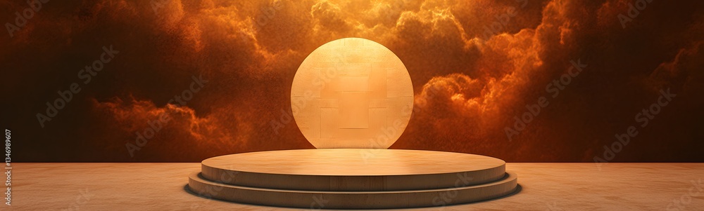 A portal-shaped podium, half in the real world and half in a fantasy realm.
