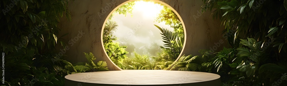 A portal-shaped podium, half in the real world and half in a fantasy realm.