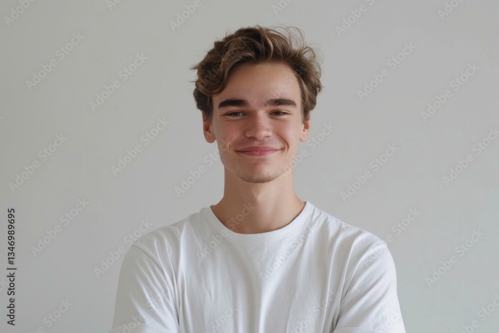 Portrait of a handsome young man in white t shirt smiling while standing against white background Portrait of a handsome young man in white t shirt smiling while standing against white background