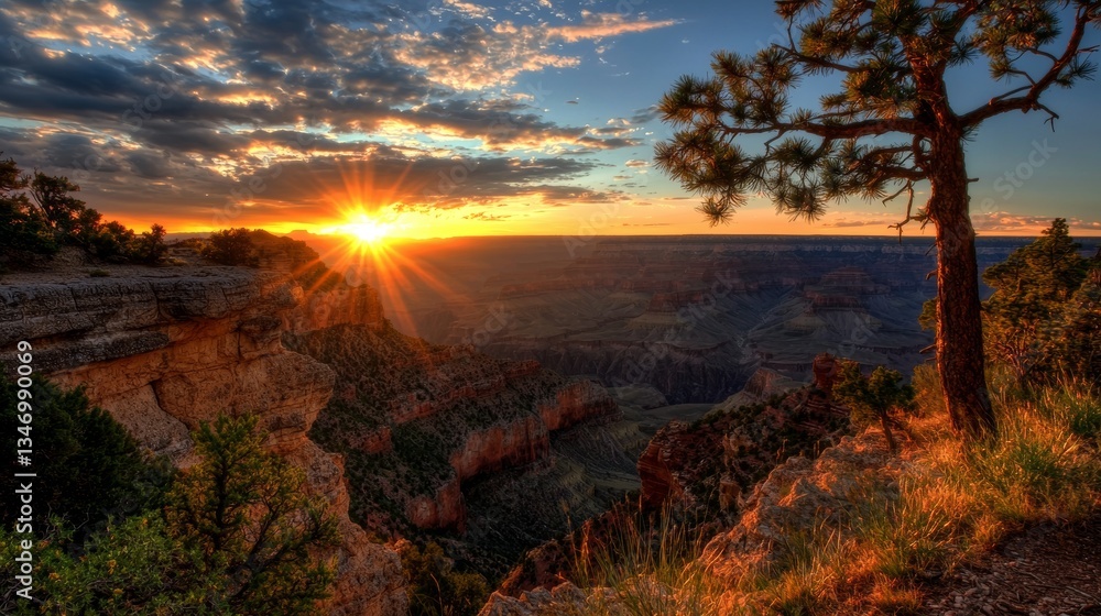 Naklejka premium Scenic Sunset Overlook with Bright Sun and Dramatic Clouds