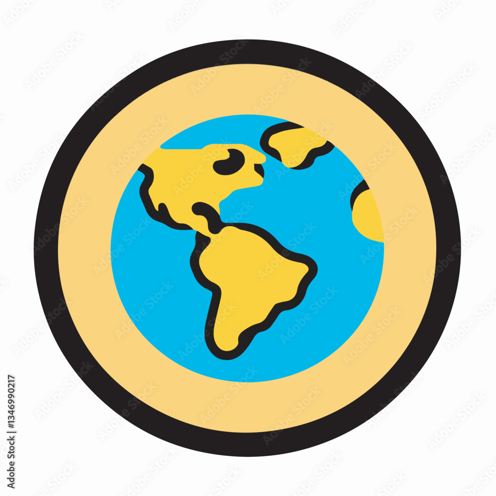 Flat globe icon with yellow border representing global connectivity and worldwide communication. Flat globe icon with yellow border representing global connectivity and worldwide communication.
