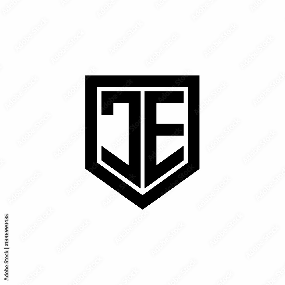 Initial monogram logo design JE isolated frame shield vector Initial monogram logo design JE isolated frame shield vector