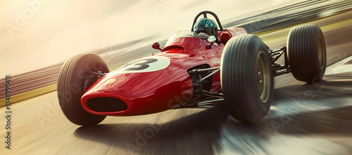 Race Car in Action: Capturing the thrill of vintage racing, a classic red race car speeds along a track, with the driver fully focused.